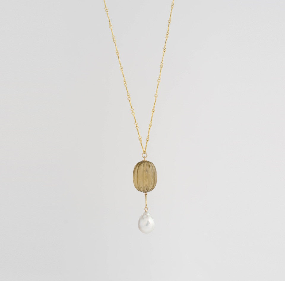 antique-citrine-pendant,-large-pearl-&-gold-chain