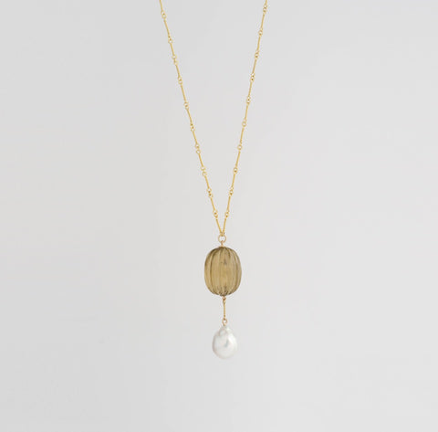 antique-citrine-pendant,-large-pearl-&-gold-chain