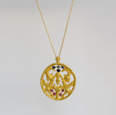 vintage-gold-pendant,-rubies,-blue-sapphires-&-chain